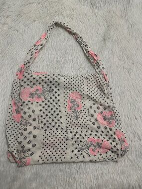 Free People Cream Tote with Neon Pink Floral Accents
